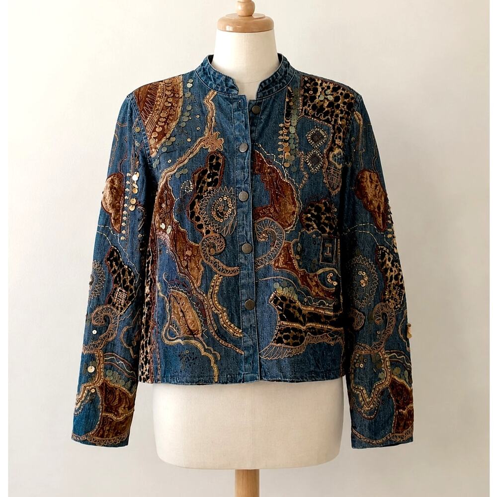 Vintage Embellished Denim Jacket Leopard Velvet Western Cowgirl Sequin Small